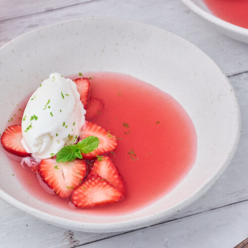 cold rhubarb soup with strawberries and vanilla icecream.