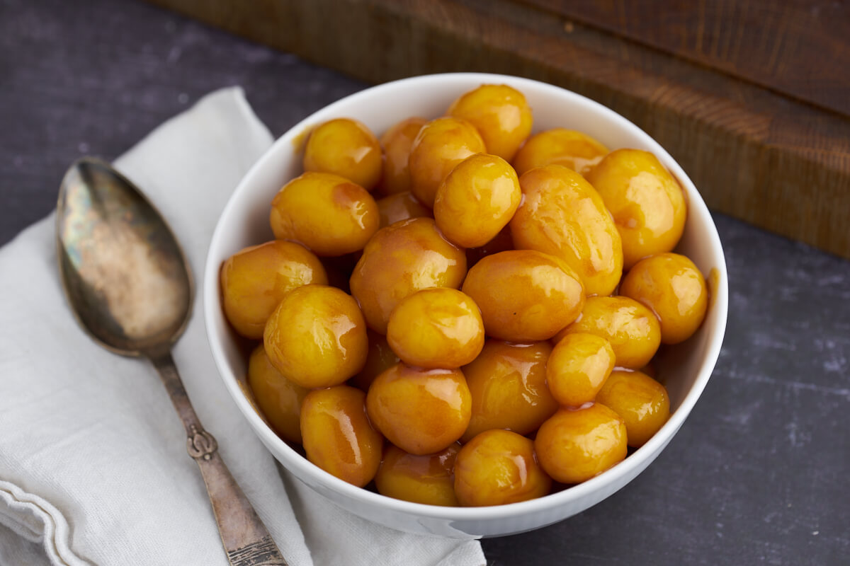 bowl with caramelized danish potatoes