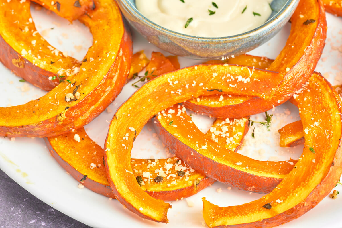 hokkaido pumpkin fries with thyme in oven