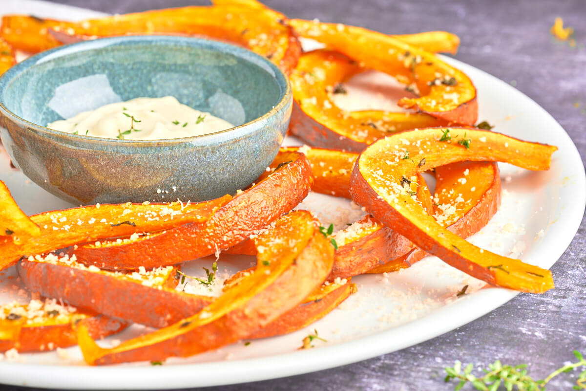 baked hokkaido pumpkin fries on plate