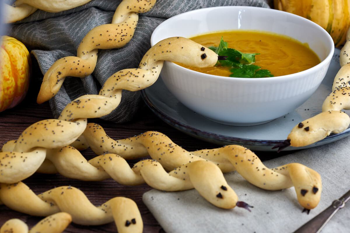 soup with snake bread for halloween