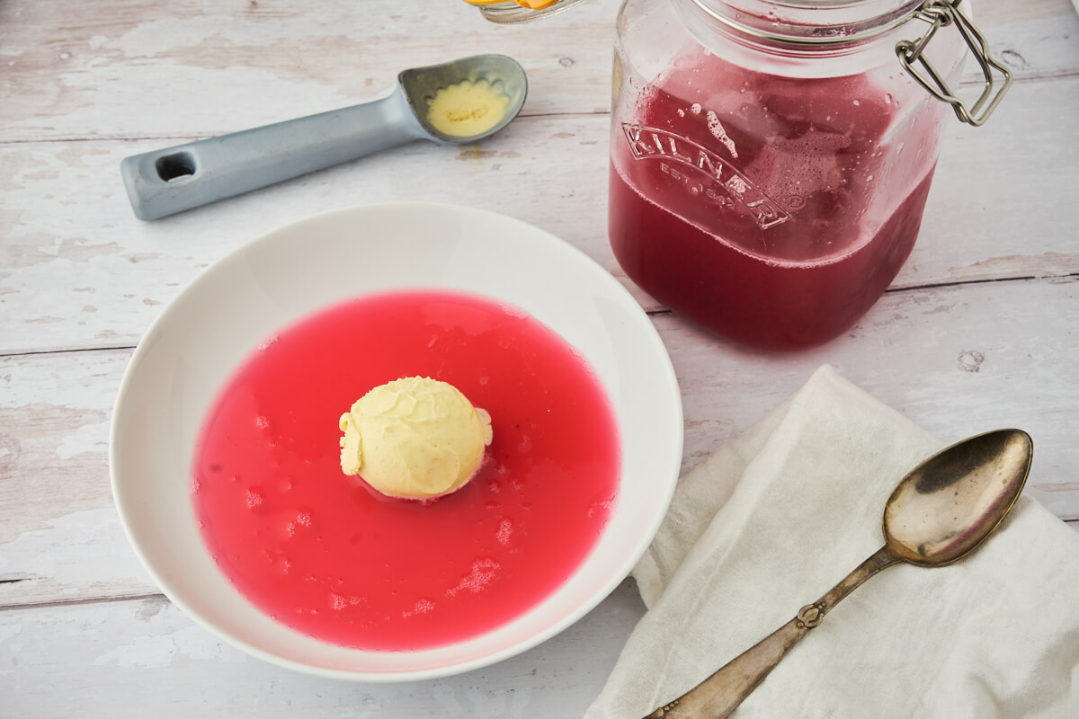 Danish cold rhubarb soup with vanilla ice cream