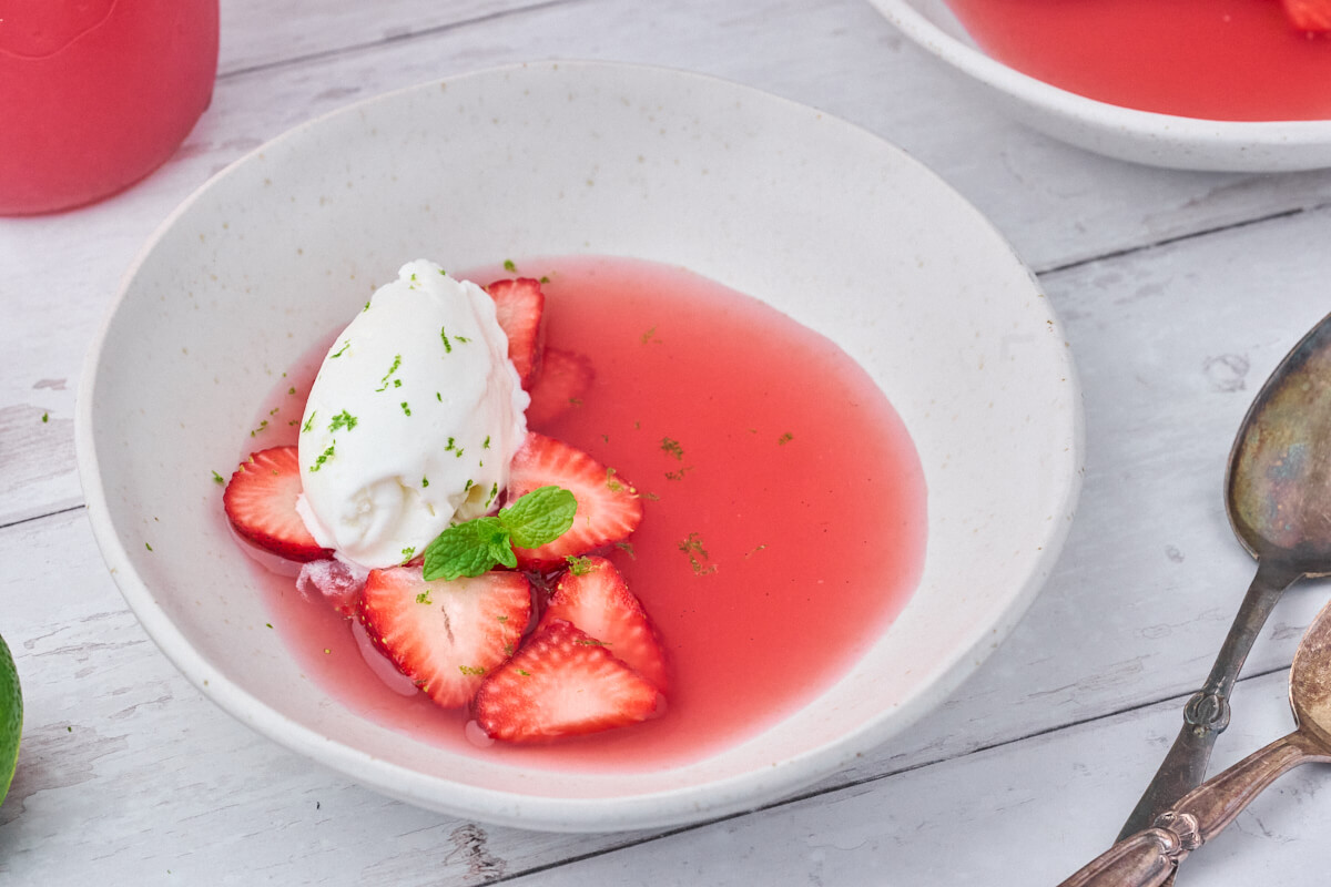 cold rhubarb soup with strawberries and vanilla icecream.