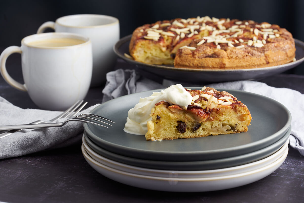 danish apple cake with cinnamon served with coffee