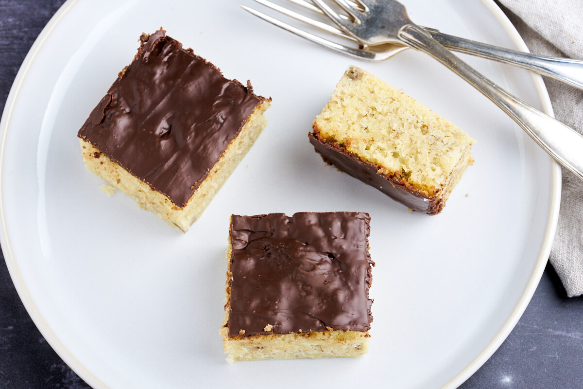 pieces of danish banana cake with chocolate