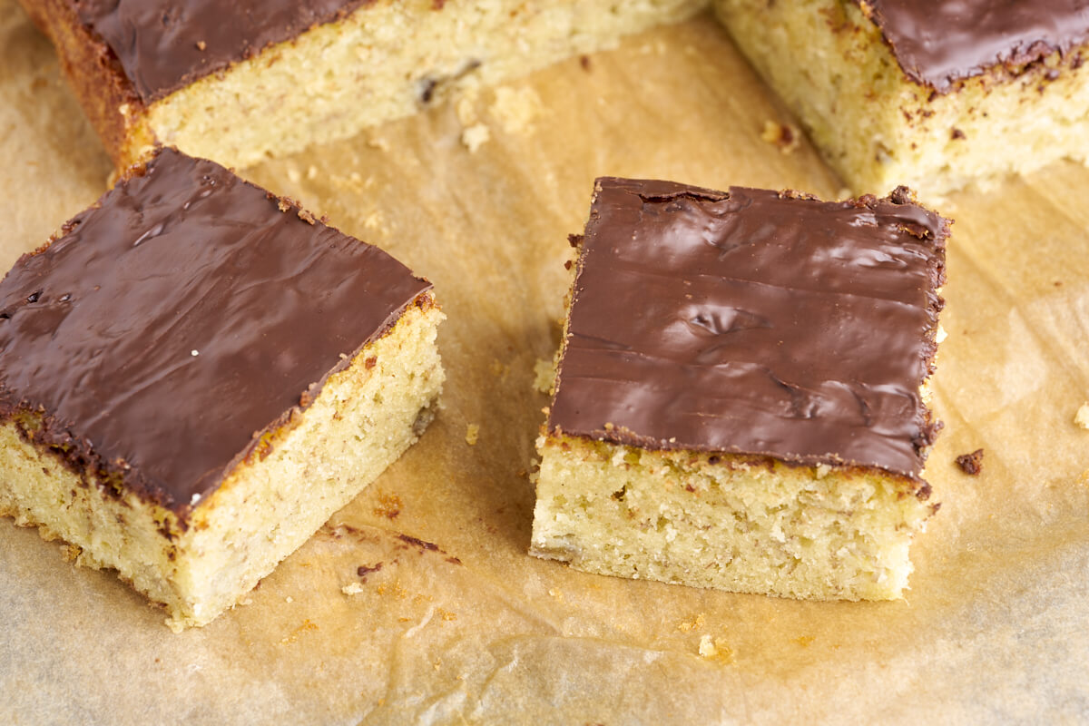 two slices of Danish banana cake with chocolate