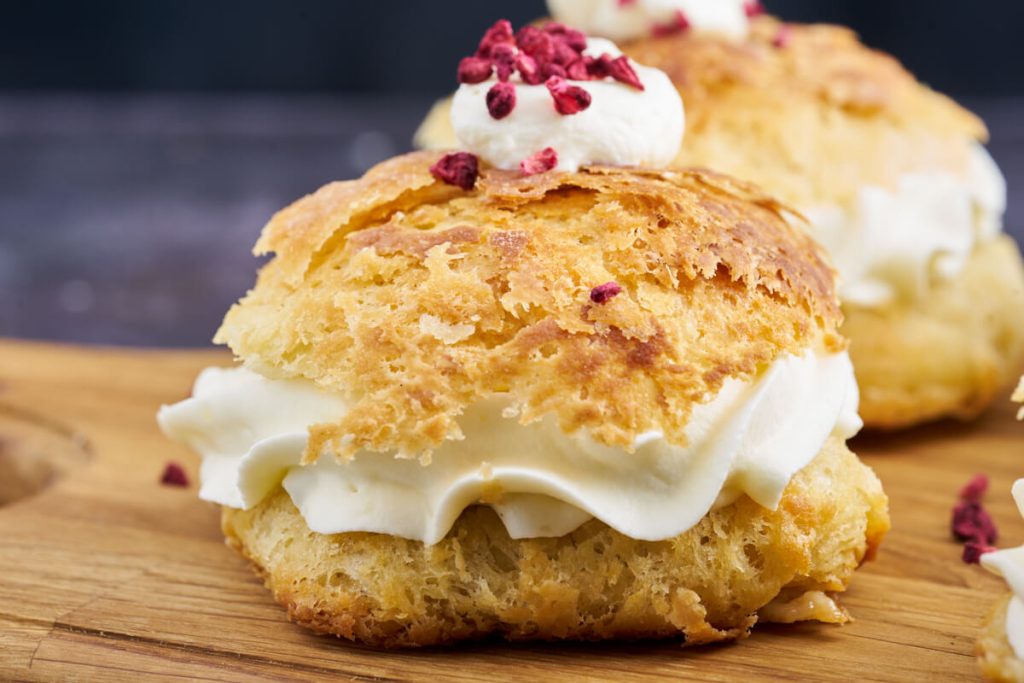 danish fastelavnsboller with cream and jam