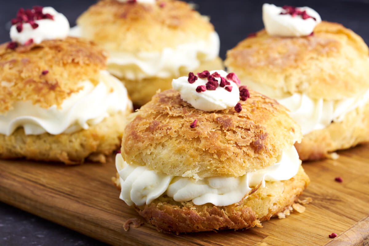 Danish fastelavnsboller with pastry cream (shrovetide buns)