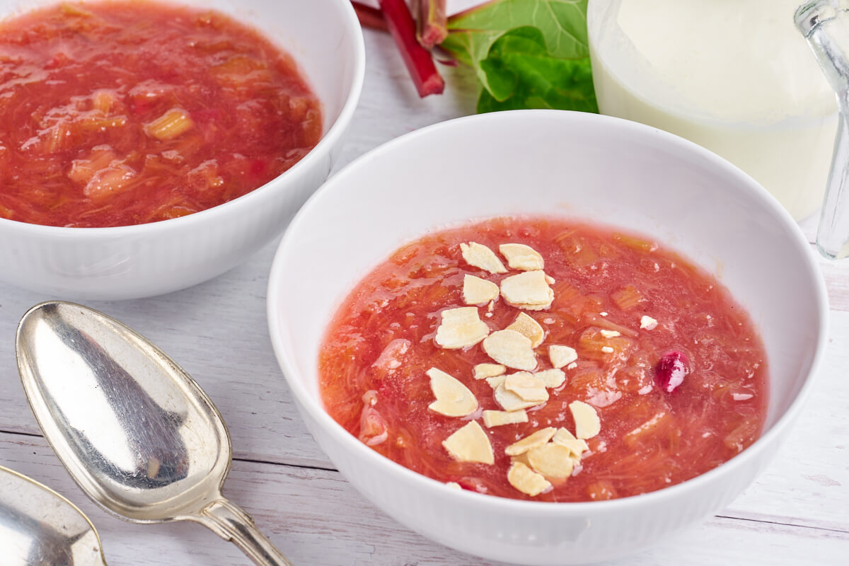 traditional danish rhubarb pudding with cream and almonds