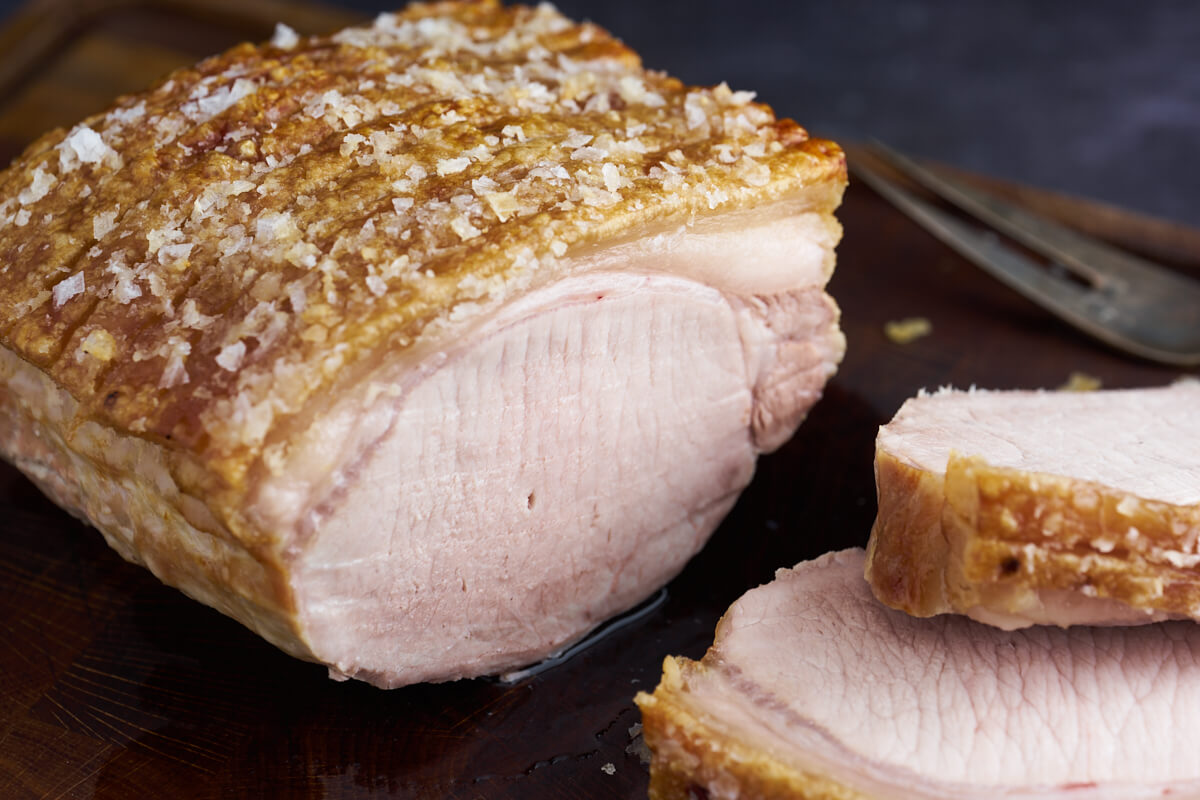 danish roast pork with crispy crackling on top
