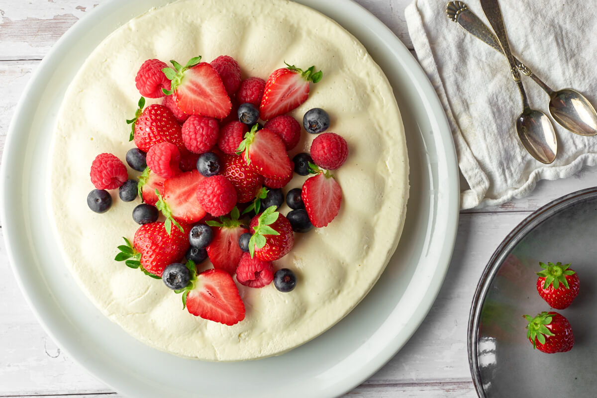 Danisg vanilla cream pudding with strawberry, raspberry and blueberry