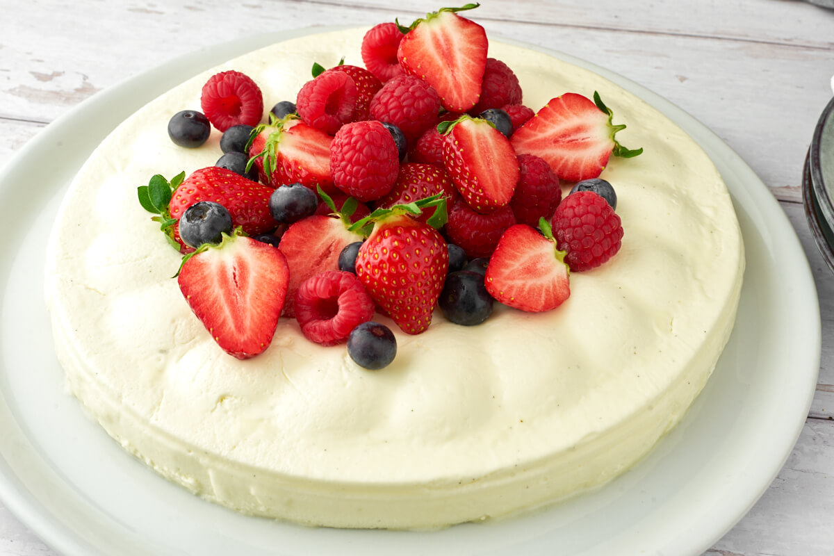 Danish vanilla cream pudding with berries on top