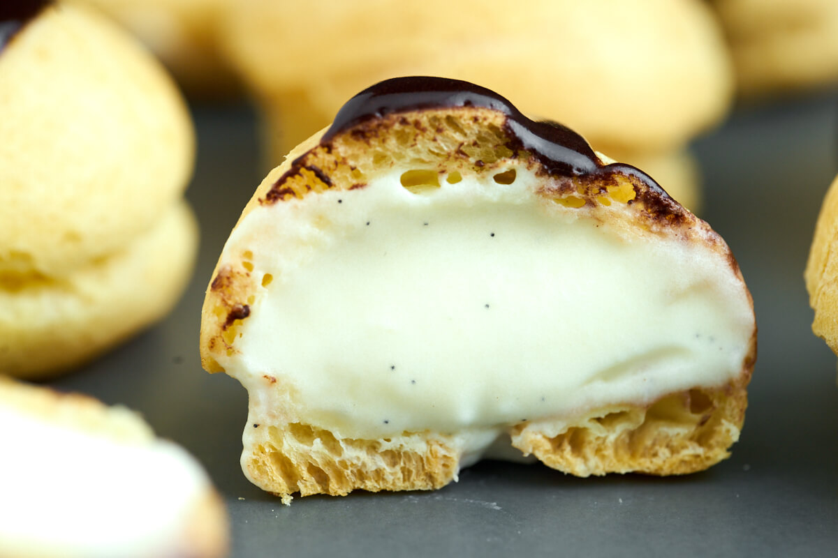 cut through profiterole with pastry cream