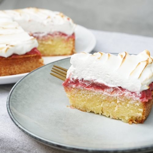 rhubarb meringue cake on danish mazarine base