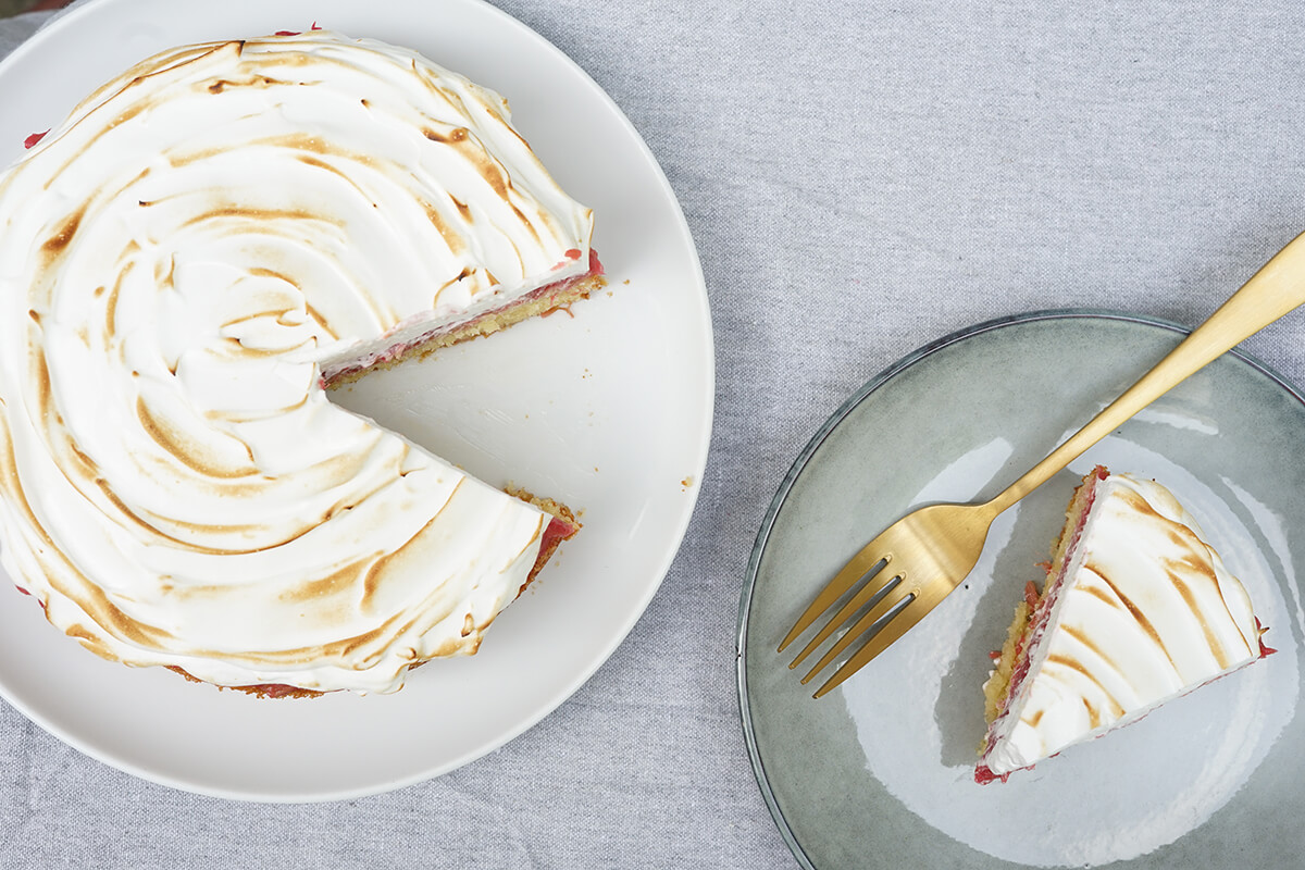 rhubarb meringue cake with danish mazarine rhubarb compote and burned meringue