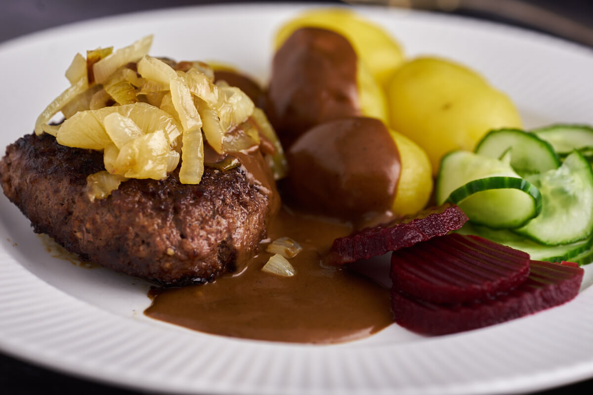 traditional danish ground beef patties with gravy and potatoes
