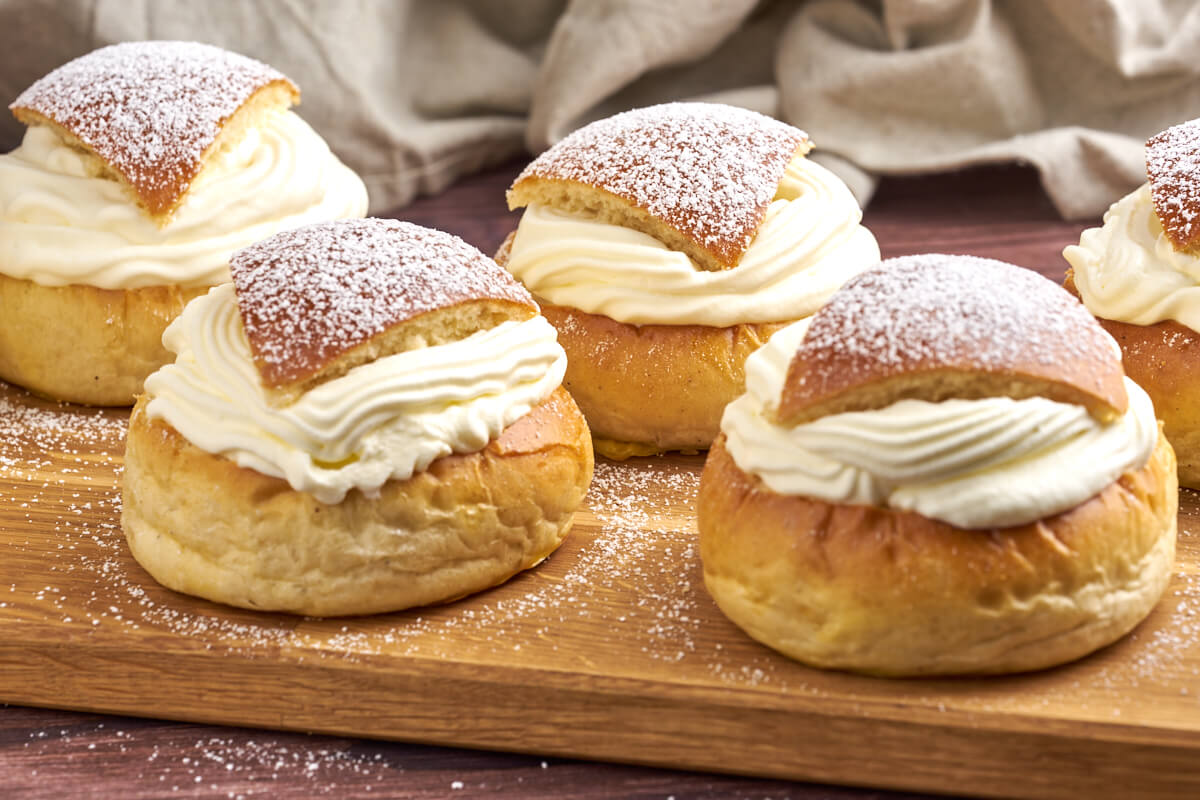 swedish semlor shrovetide buns with whipped cream and almond/marzipan filling inside