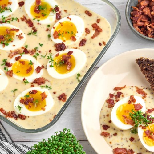 eggs in mustard sauce with danish ryebread for easter lunch