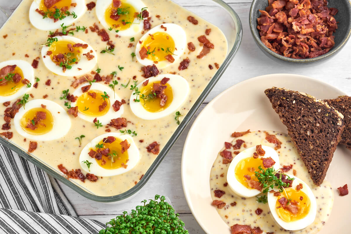 eggs in mustard sauce with danish ryebread for easter lunch