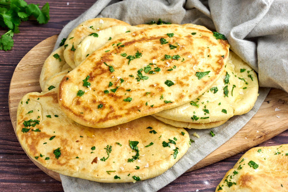 garlic naan bread with cilantro