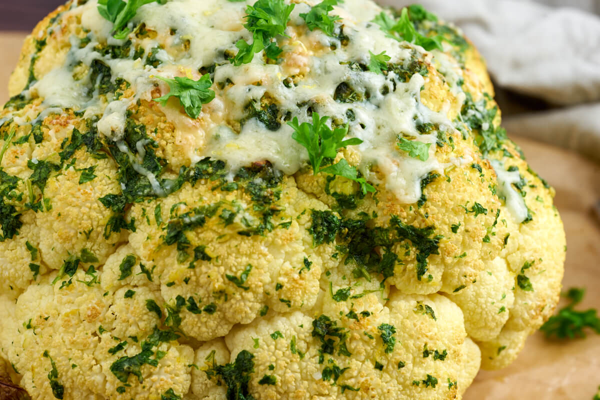 whole roasted cauliflower with parmesan, parsley and lemon