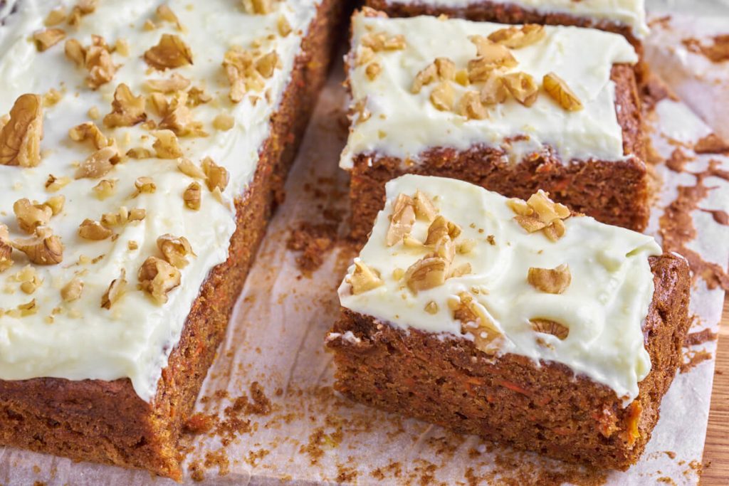danish carrot cake with cream cheese frosting and walnuts