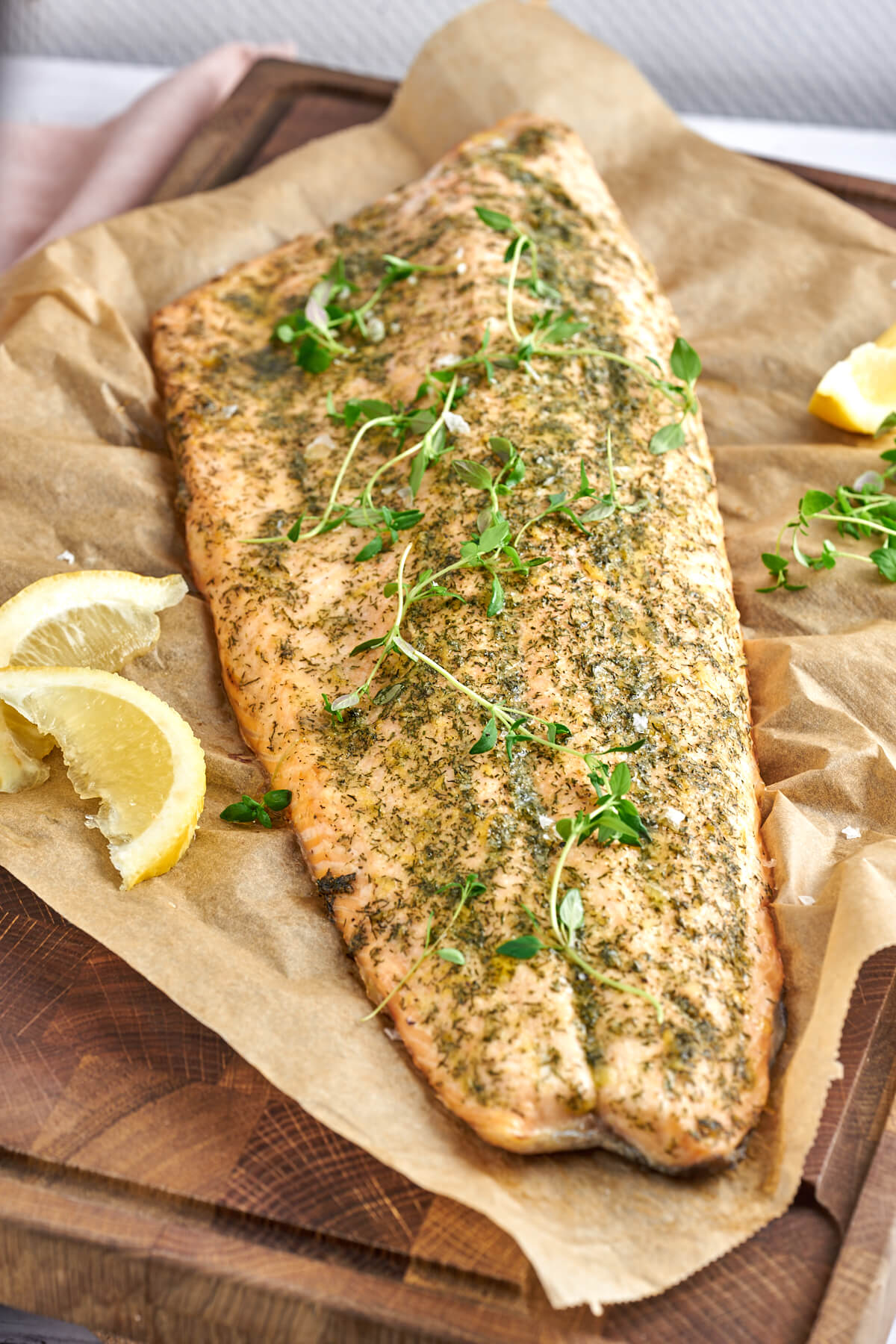 baked side of salmon with herbs and browned butter sauce