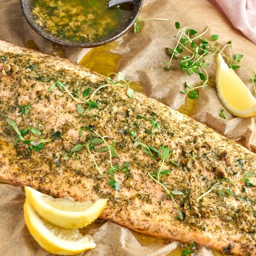 baked salmon with thyme and browned butter sauce with capers