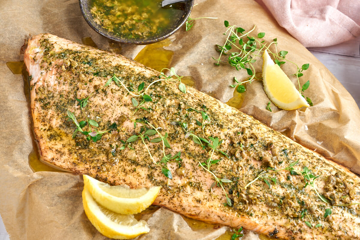 baked salmon with thyme and browned butter sauce with capers