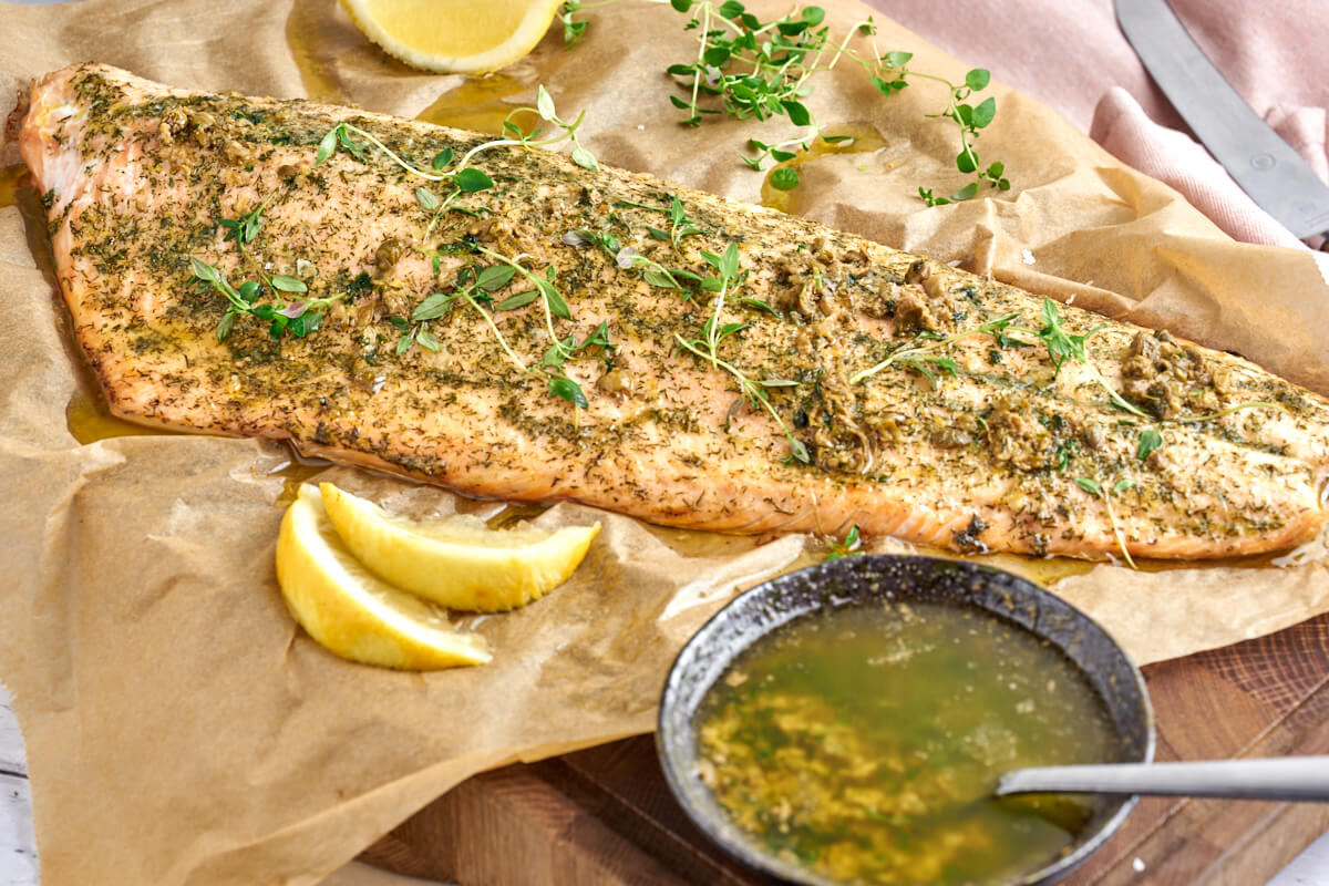 baked side of salmon with brown butter sauce