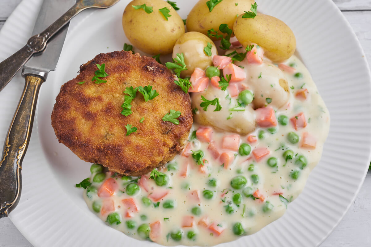 Danish breaded minced pork patties with potatoes and gravy