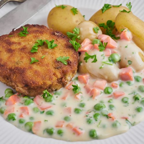 danish breaded pork patties with carrot and green bean stew and potatoes