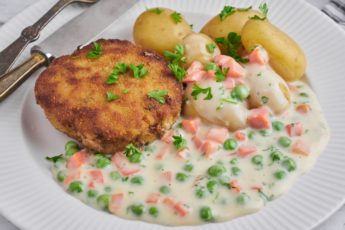 danish breaded pork patties with carrot and green bean stew and potatoes