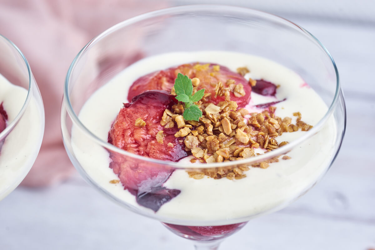 plum trifle with baked plums and oatmeal crunch
