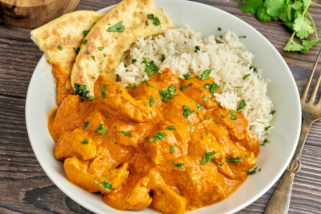 butter chicken with rice and naan