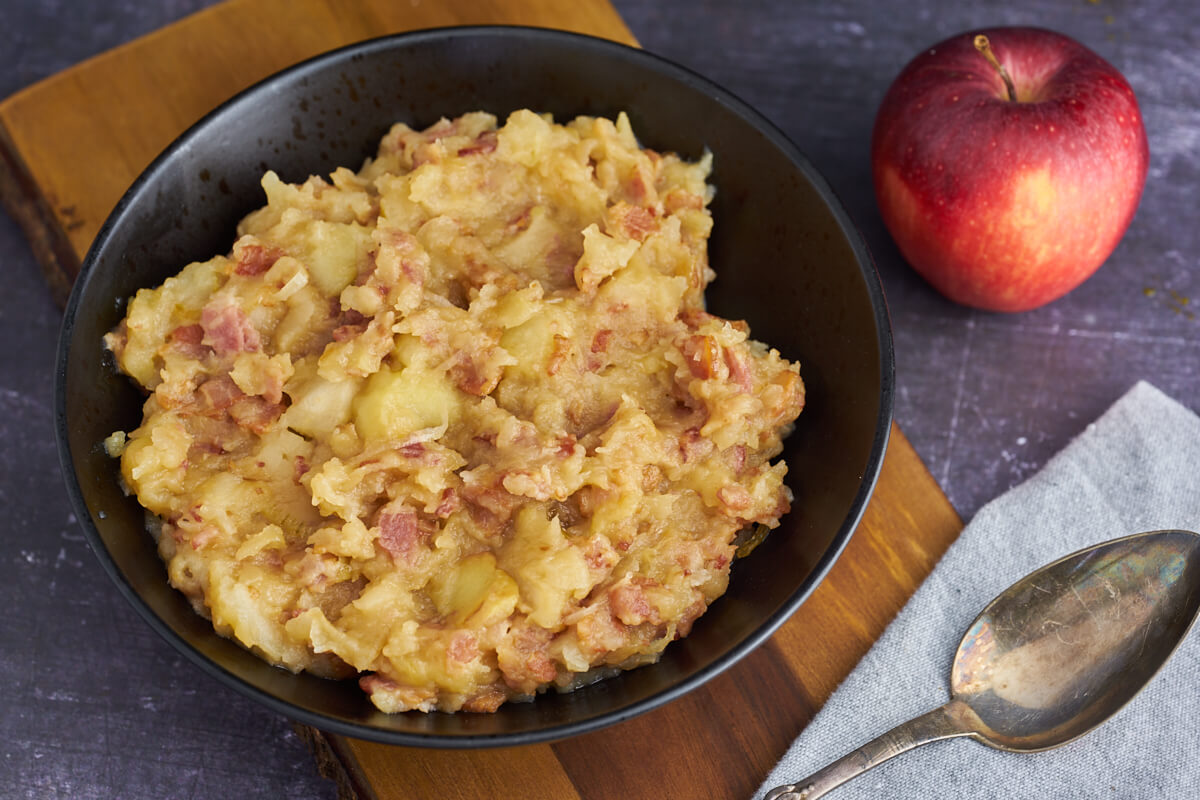 apple pork with dices bacon in bowl
