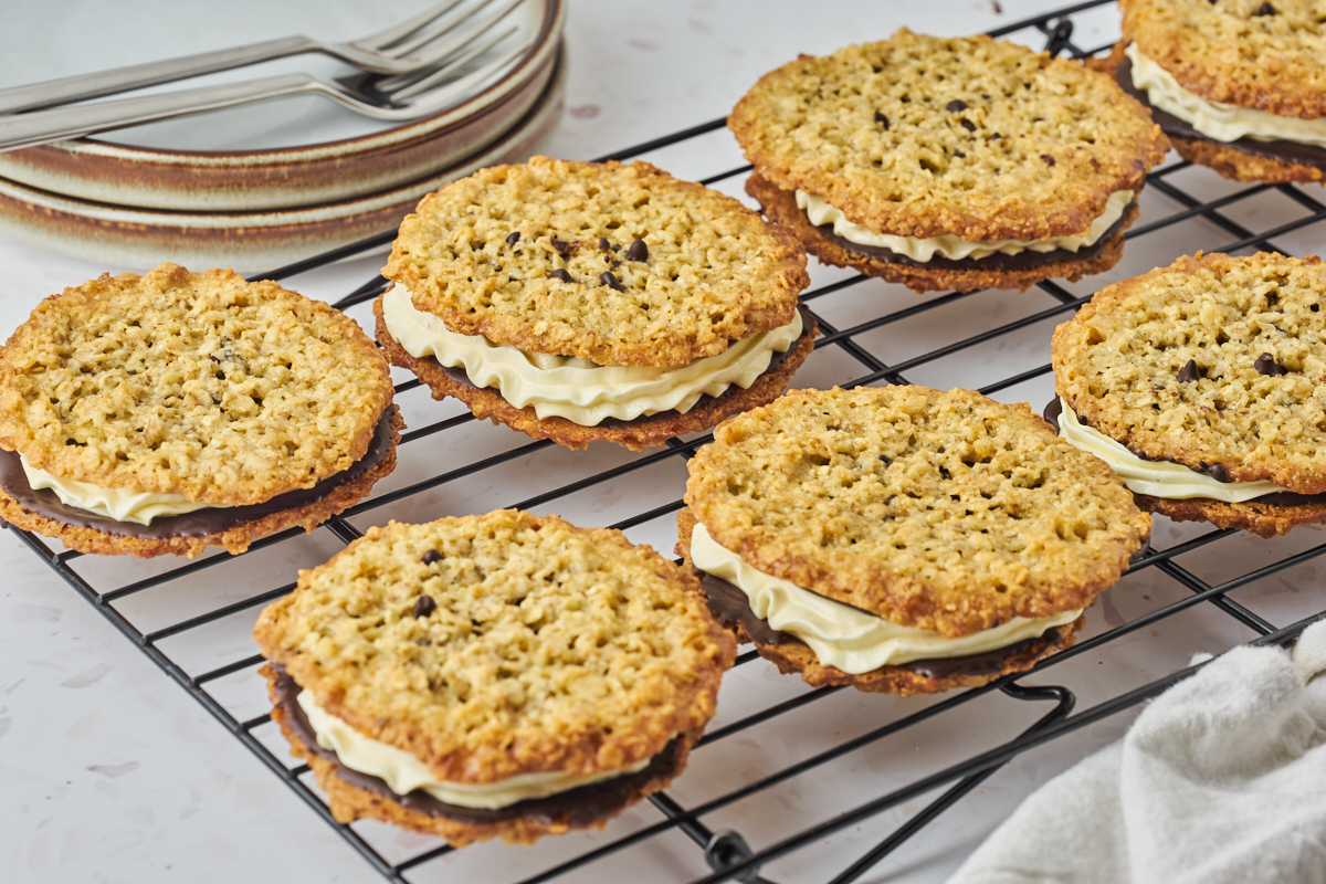 oatmeal cream pies with buttercream on rack