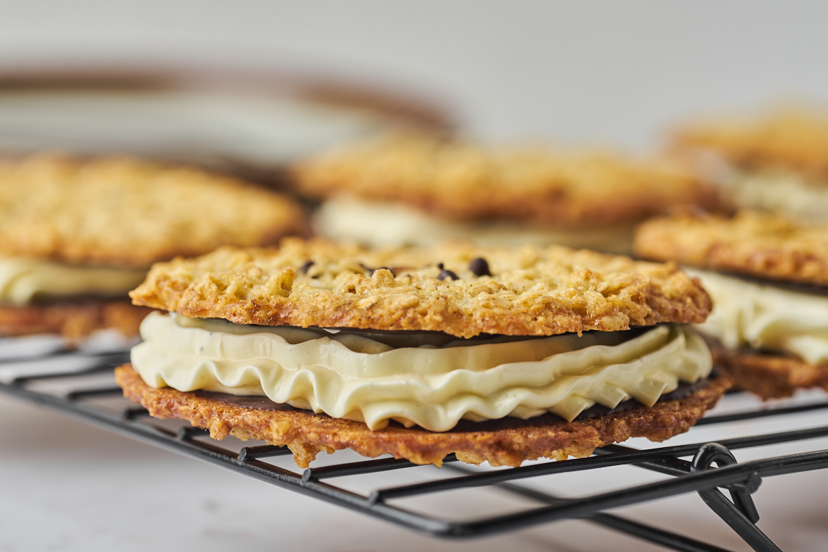 danish oatmeal cookie filled with butter cream on rack
