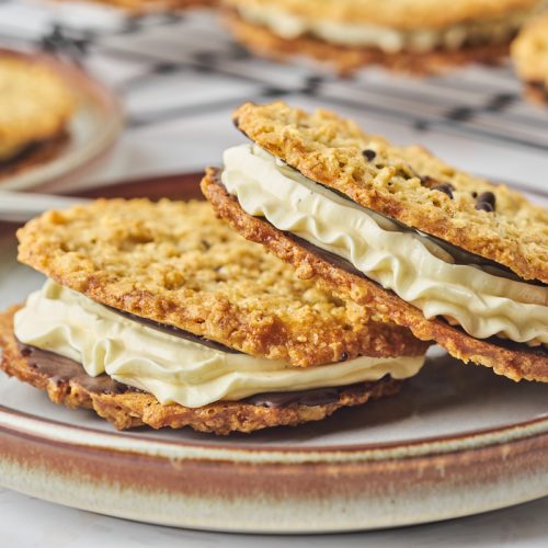 Danish oatmeal cookies with buttercream and dark chocolate