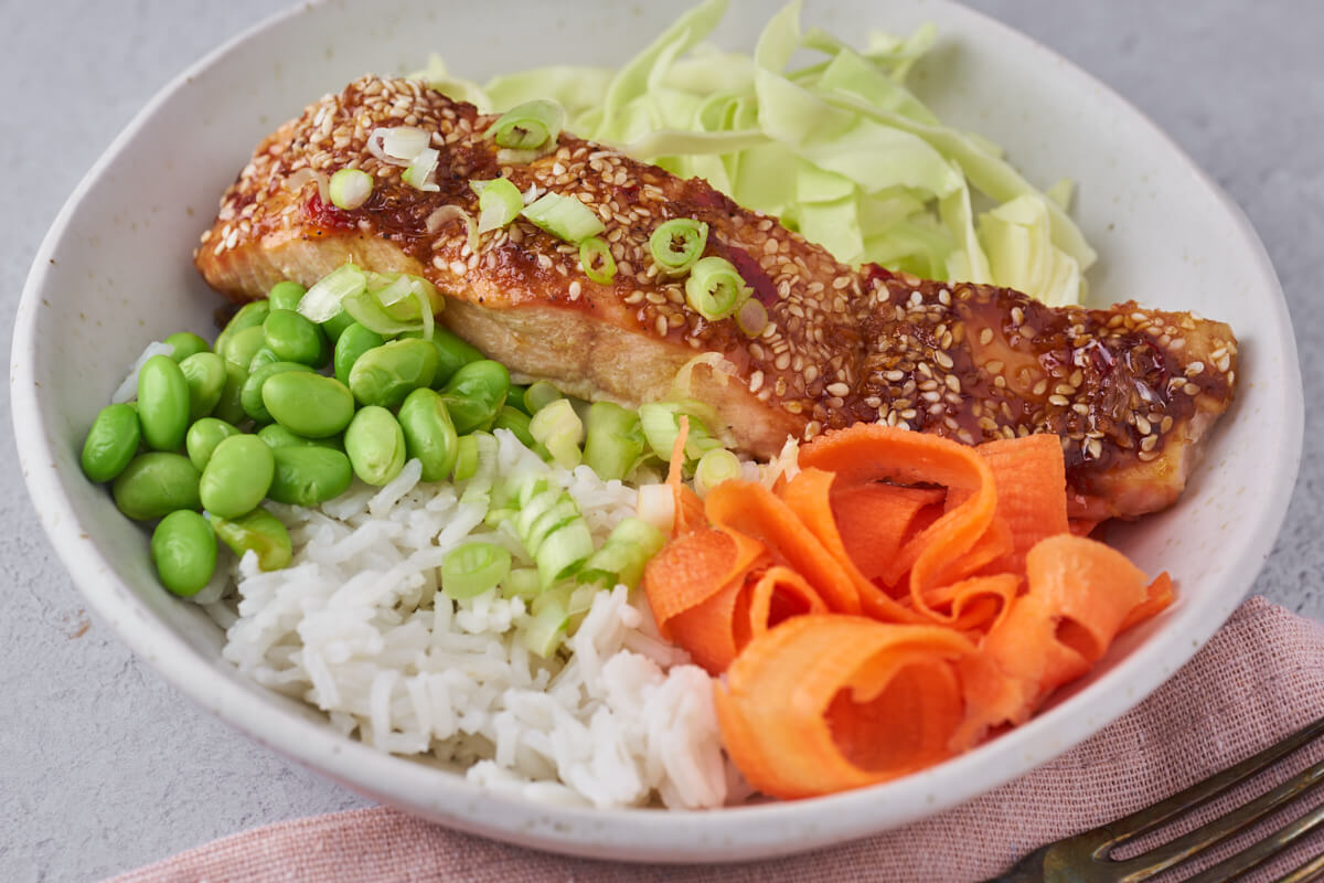 rice bowl with salmon and vegetables
