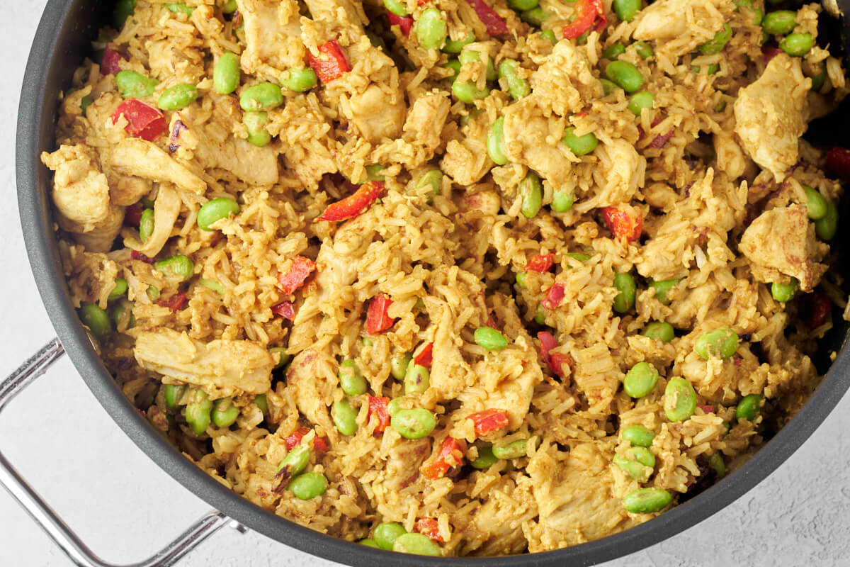 frying pan with chicken fried rice