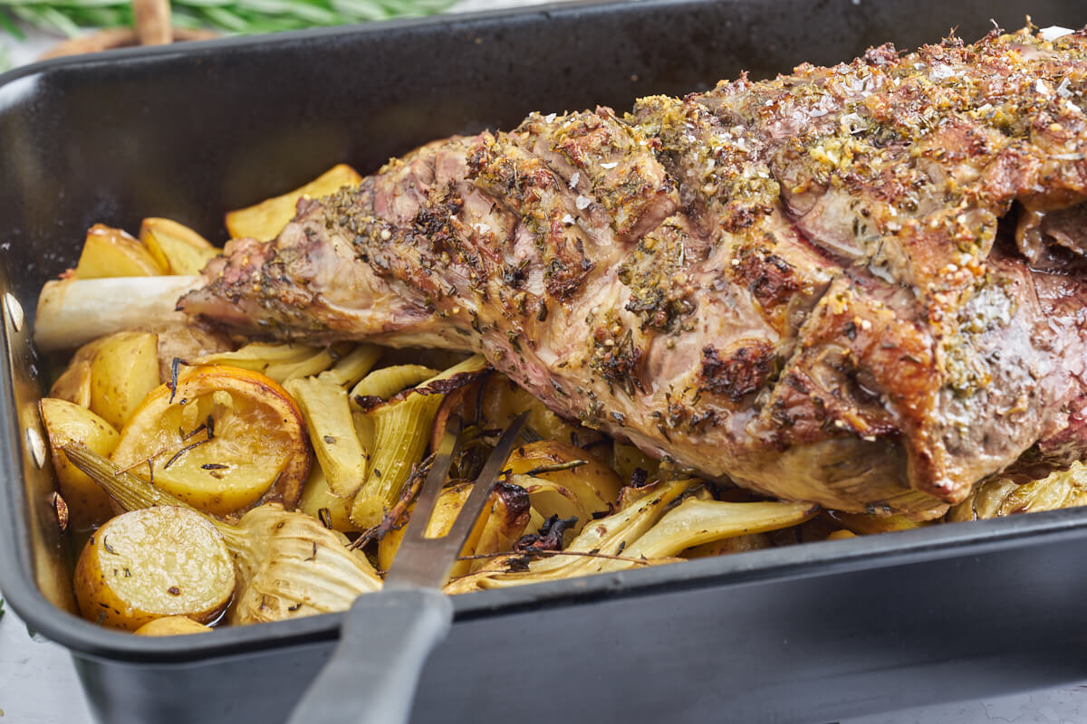 leg of lamb on potatoes