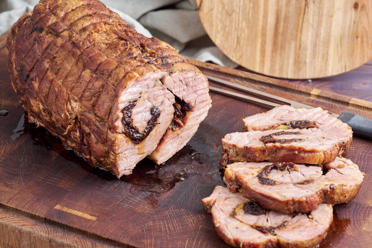 rolled pork roast made from pork collar stuffed with prunes and apple