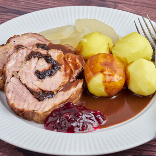 Danish rolled pork roast with potatoes and gravy