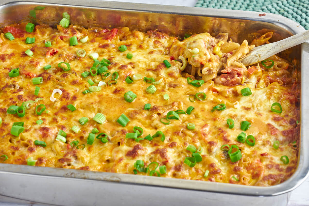 mexican pasta bake casserole with beef and vegetables and cheese