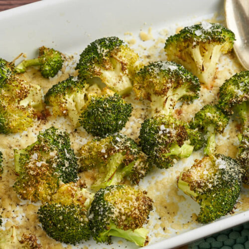 oven roasted broccoli with parmesan in dish