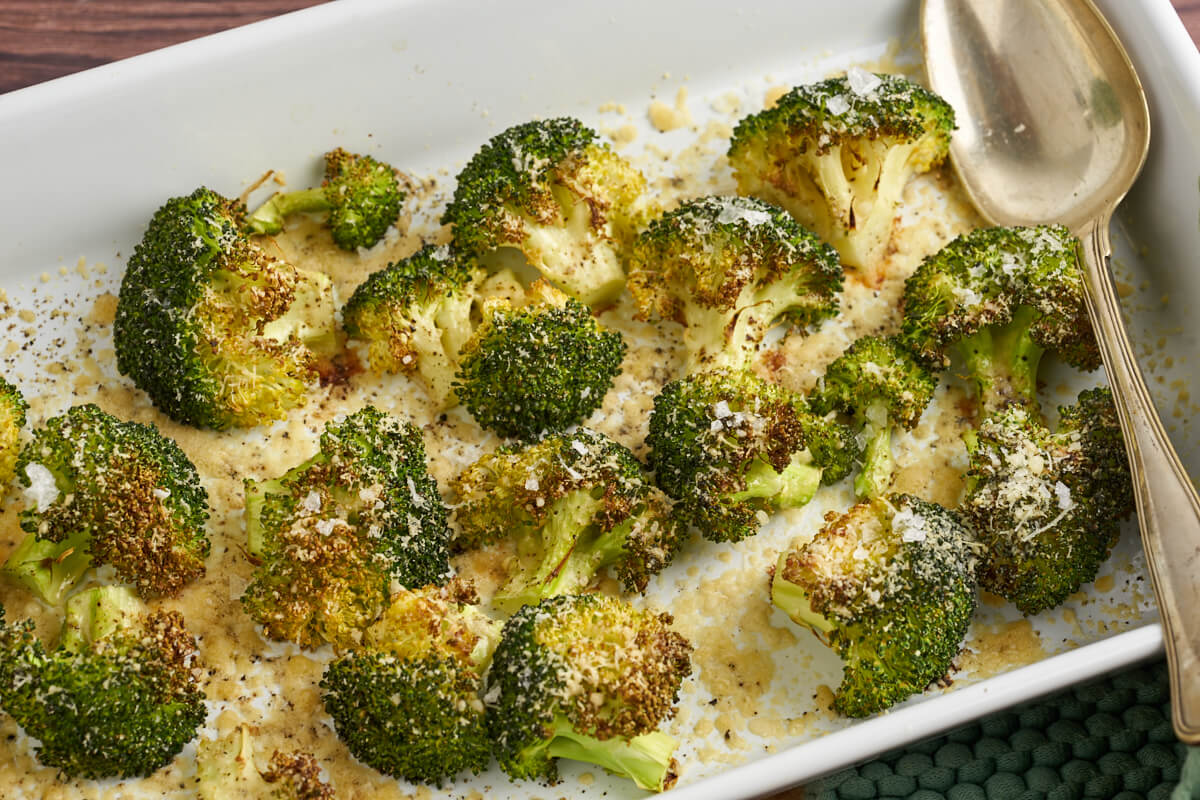 oven roasted broccoli with parmesan in dish