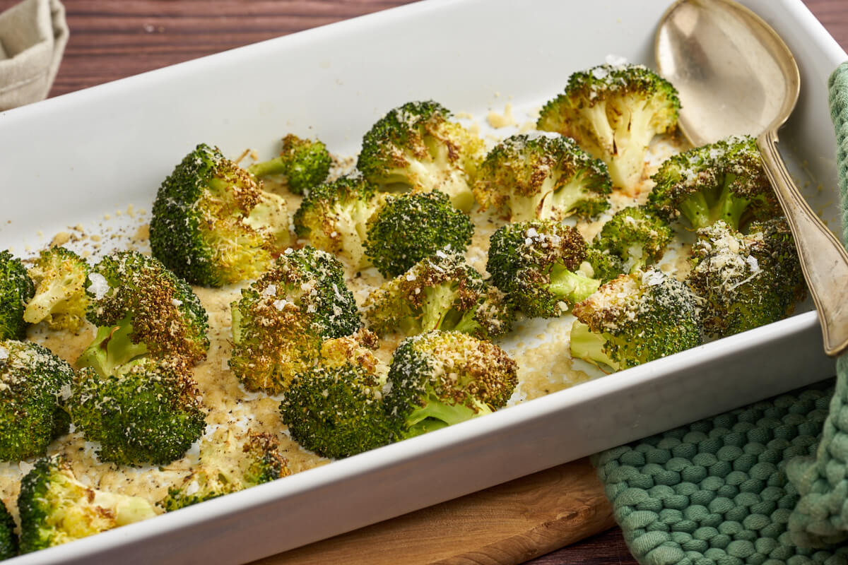 oven proof dish with broccoli and spoon