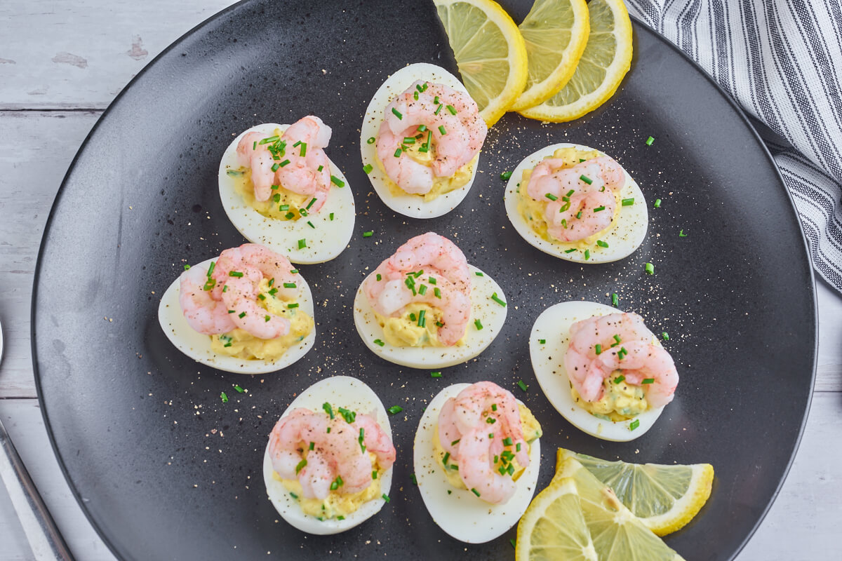 plate with deviled eggs with shrimp