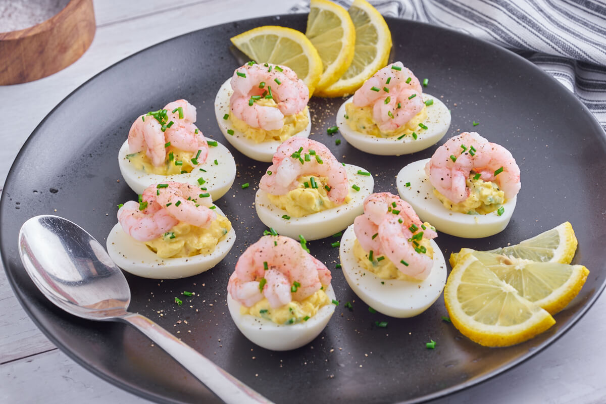 dish with shrimp deviled eggs for easter